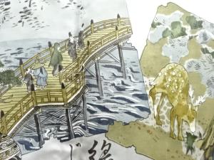 アンティーク　色紙に鹿・仕覆模様肩裏本場泥大島紬100亀甲男物羽織